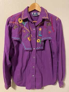 Blue Canyon Button Up Shirt Womens Large Purple Embroidered Western Cowgirl Y2K